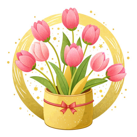 bouquet of pink tulips in the glamor style, golden glitter watercolor illustration on whiteのイラスト素材