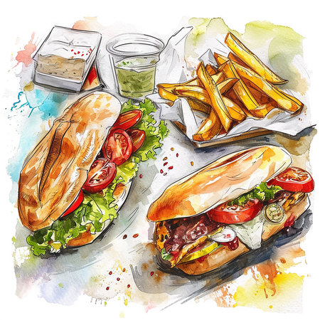 Greek food cartoon style watercolor illustration on whiteの写真素材