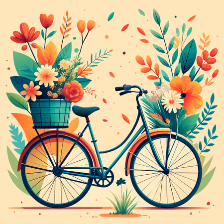 beautiful elegant minimal design of bicycle for women with pastel flowersのイラスト素材
