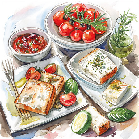 Greek food cartoon style watercolor illustration on whiteの写真素材