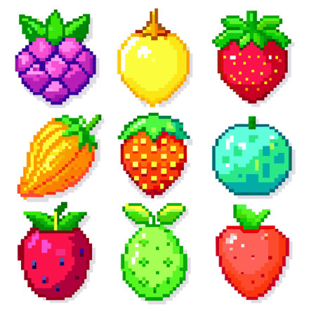 fruit vegetables icons pixelart on whiteのイラスト素材