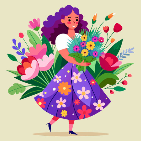 Women's day A girl in a dress holds a huge bouquet of flowersのイラスト素材