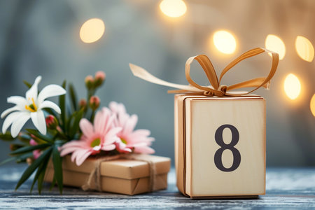 8 MARCH, flowers and gift box on dining table. International Women's Dayの写真素材
