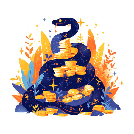 cute black snake On the mountain of gold coins illustration on white