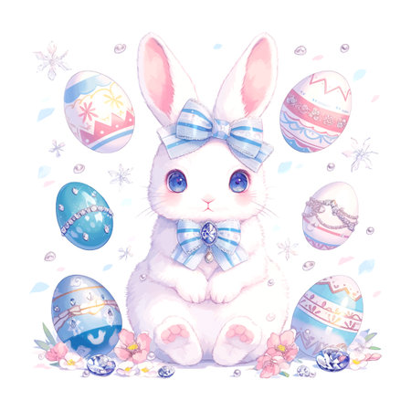 cute clipart of a little baby easter bunny rabbit with fluffy fur between easter eggs with diamonds and pearlsのイラスト素材