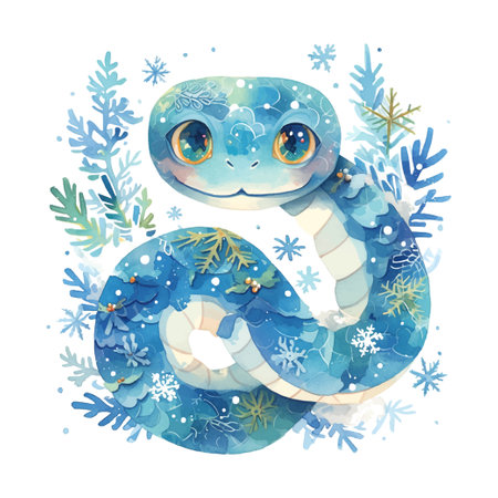 cute snake with snowflakes illustration on whiteのイラスト素材