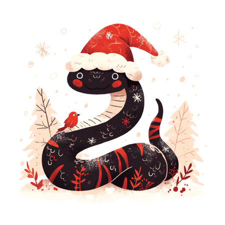 cute black snake In Santa's hat with snowflakes illustration on whiteのイラスト素材