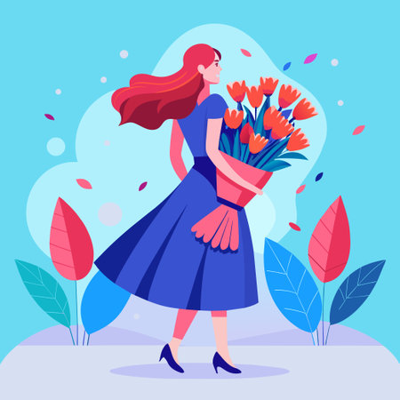 Women's day A girl in a dress holds a huge bouquet of pionsのイラスト素材
