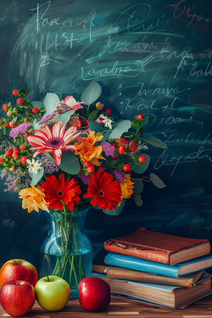 a bouquet of flowers in a vase on the teacher's desk, with books, apples, on background of the chalkboardの写真素材