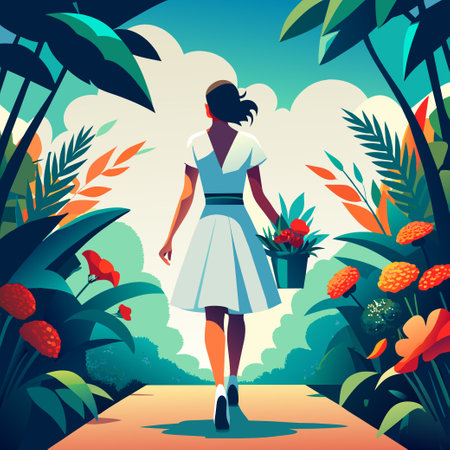 Women's day A girl in a dress holds a huge bouquet in her handsのイラスト素材