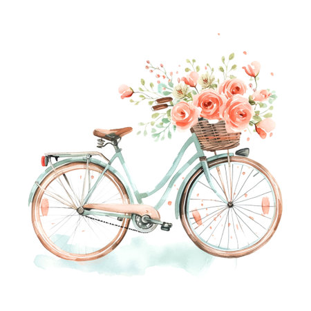 beautiful elegant minimal design of bicycle for women with pastel flowers in the front basketのイラスト素材