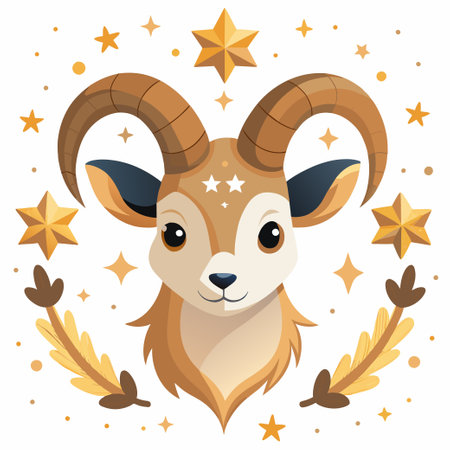 A cute cartoon goat with stars and leaves surrounding itのイラスト素材