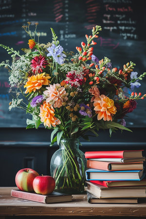 a bouquet of flowers in a vase on the teachers desk, with books, apples, on the background of the chalkboardの素材