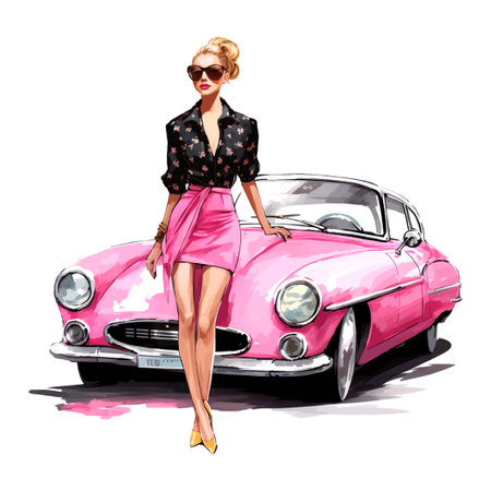 fashion girl in leopard print dress and sunglasses standing next to pink car, art station trendsのイラスト素材