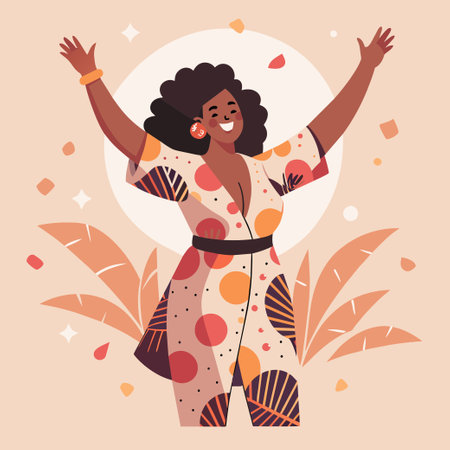 African American woman in a pleasant activity, eyeless, beige, pink, woman is wearing a print outfit, recovery theme, joyous, women, drawingのイラスト素材