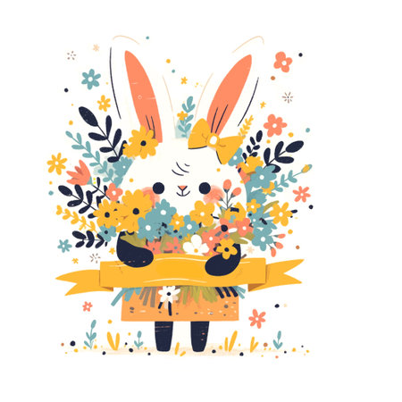 A rabbit holding a bouquet of flowers and a ribbon that says Happy Easter.のイラスト素材