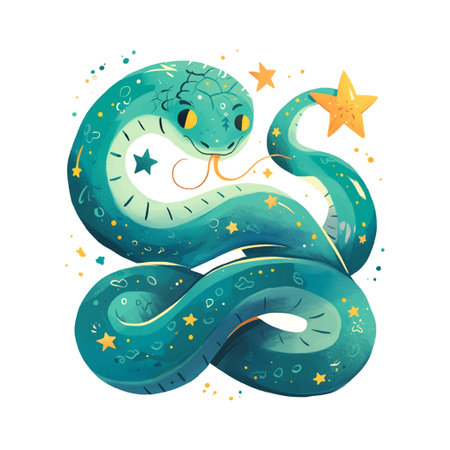A green snake and stars around it. The snake is sitting on a white backgroundのイラスト素材