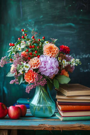 a bouquet of flowers in a vase on the teachers desk, with books, apples, on the background of the chalkboardの素材