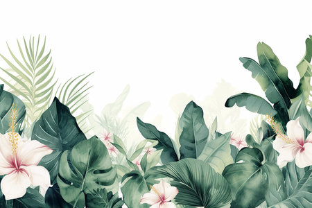 A green leafy background with a gold and purple flower in the centerの素材