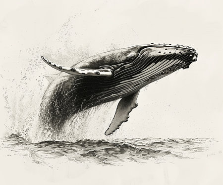 A black and white drawing of a whale. The whale is swimming in the ocean and he is in motion. The image has a serene and peaceful mood, as the whale is depicted as a graceful and majestic creatureの素材