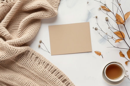 A white card with a flower on it sits on a table next to a cup of tea and a blanket mockupの素材