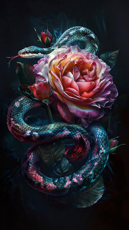 A snake is wrapped around a flower, with the flower being pink.の素材