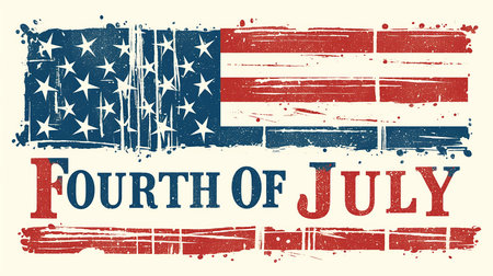 A flag with stars and stripes with the words "Fourth of July" written below it.の写真素材