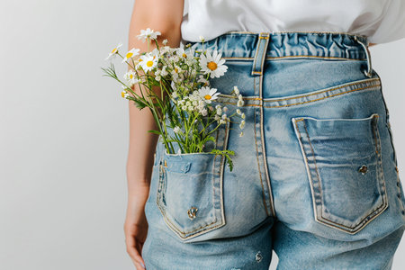 A woman is holding a bunch of flowers in her jeans pocket.の素材