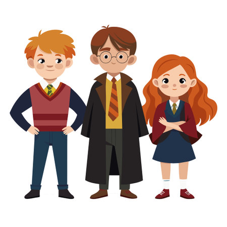 Three children dressed in wizard robes pose for a pictureのイラスト素材