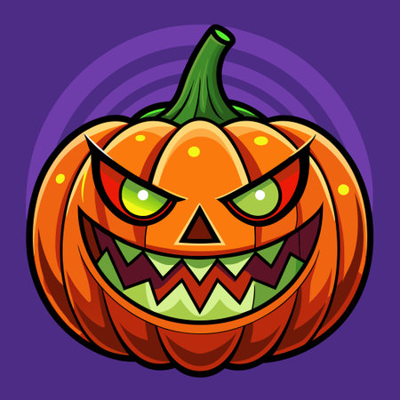 A cartoon pumpkin with a green eye and a mouth that is wide open. The pumpkin is smiling and has a menacing lookのイラスト素材