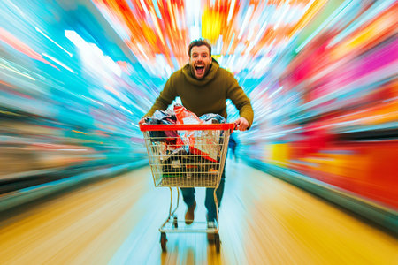 A man is running through a store with a shopping cart full of groceries. He is smiling and he is in a hurryの素材