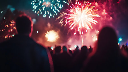 A crowd of people are watching fireworks in the sky. The fireworks are bright and colorful, creating a festive atmosphere.の素材