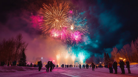 A crowd of people are watching fireworks in the sky. The fireworks are bright and colorful, creating a festive atmosphere.の素材