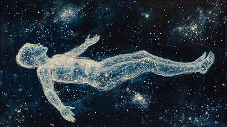 A man is floating in space with his arms outstretched. Concept of freedom and exploration, as the man is reaching out to the stars.の素材