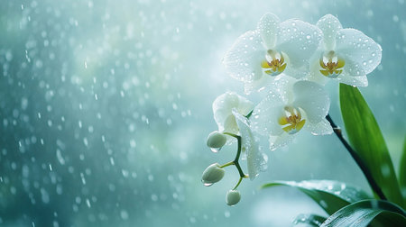 A pink flower with raindrops on it. The flower is surrounded by green leaves.の素材