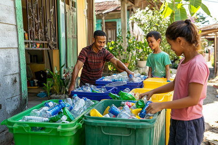 A family is sorting through trash and putting bottles in the appropriate bins.の素材