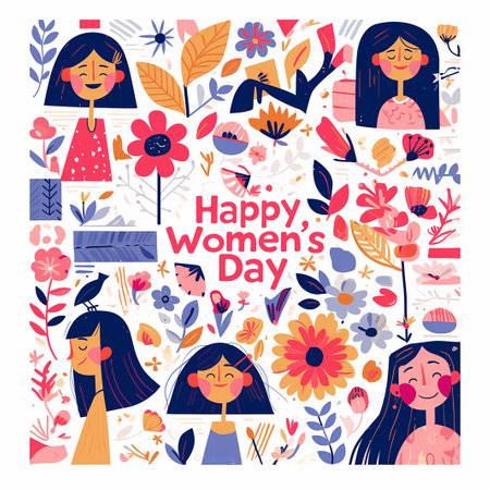 A colorful poster with a woman's face on it and the words Happy Women's Day.の写真素材