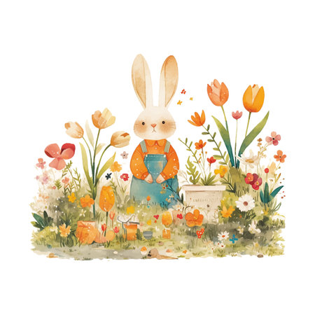 A rabbit is standing in a field of flowers. The rabbit is wearing blue overalls and holding a basket.のイラスト素材
