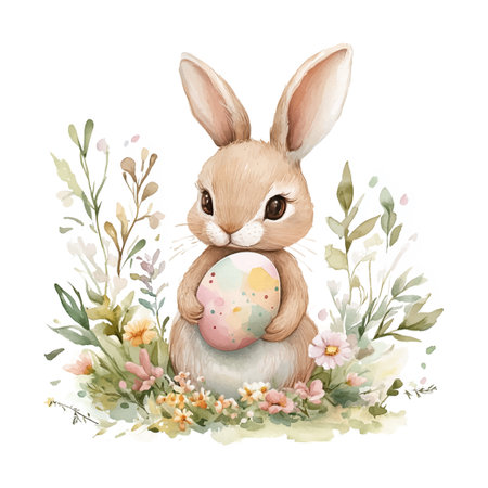Easter rabbit holding an Easter egg in a field of flowers.のイラスト素材