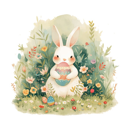 Easter rabbit holding an Easter egg in a field of flowers.のイラスト素材