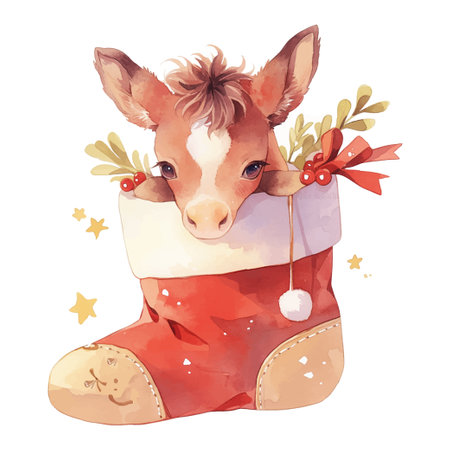 A charming calf is depicted peeking out from a red Christmas stocking filled with festive greenery, ribbons, and decorative elements. The atmosphere is cheerful and holiday-themed.のイラスト素材