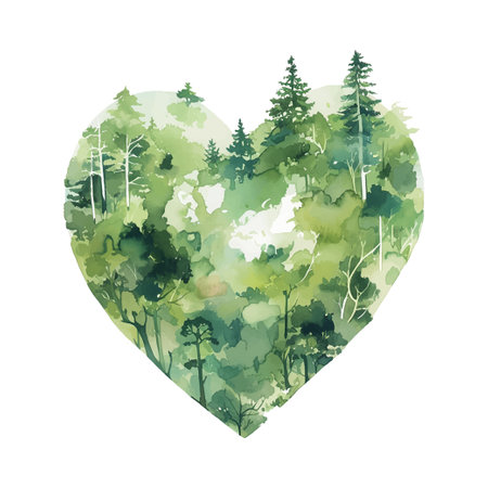 Lush trees and blue-hued foliage form a heart shape, depicting a tranquil forest scene. Birds fly above, enhancing the enchanting feel of nature's beauty.のイラスト素材