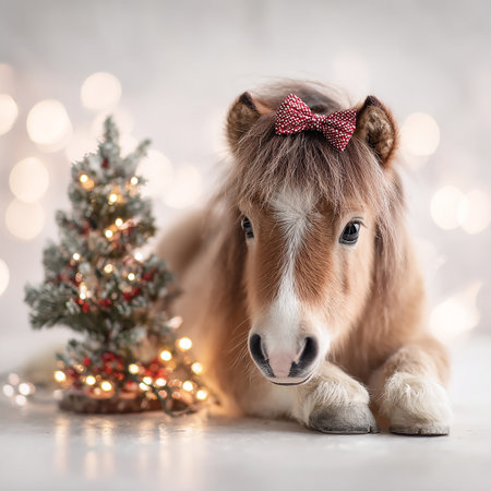 A small pony with a red bow rests beside a decorated Christmas tree, surrounded by soft lights and a festive atmosphere during the holiday season.の素材