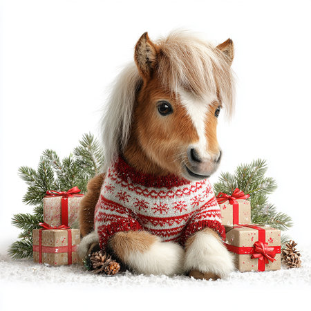A cute pony dressed in a red sweater sits among wrapped Christmas gifts and pine branches, creating a festive atmosphere for the holiday season.の素材