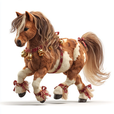 A vibrant plush pony adorned with bells and ribbons is showcased in a cheerful setting. The pony features a flowing mane and tied accessories, looking playful and festive.の素材