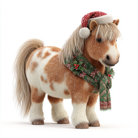 Cute pony dressed for the holidays with festive hat and scarf ready for Christmas celebrations in a cheerful settingの素材