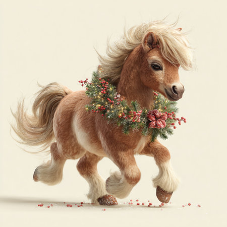 Cute pony wearing a festive wreath gallops joyfully in a bright, cheerful sceneの素材