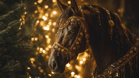 Stunning horse adorned with golden jewelry stands beautifully amidst festive lights in an enchanting settingの素材