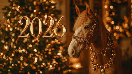 Celebration of New Year 2026 with a decorated horse and a festive Christmas tree backdropの素材