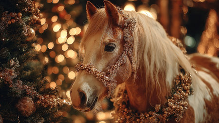 Horse adorned with festive decorations stands near a beautifully lit Christmas tree at an evening celebration in Decemberの素材